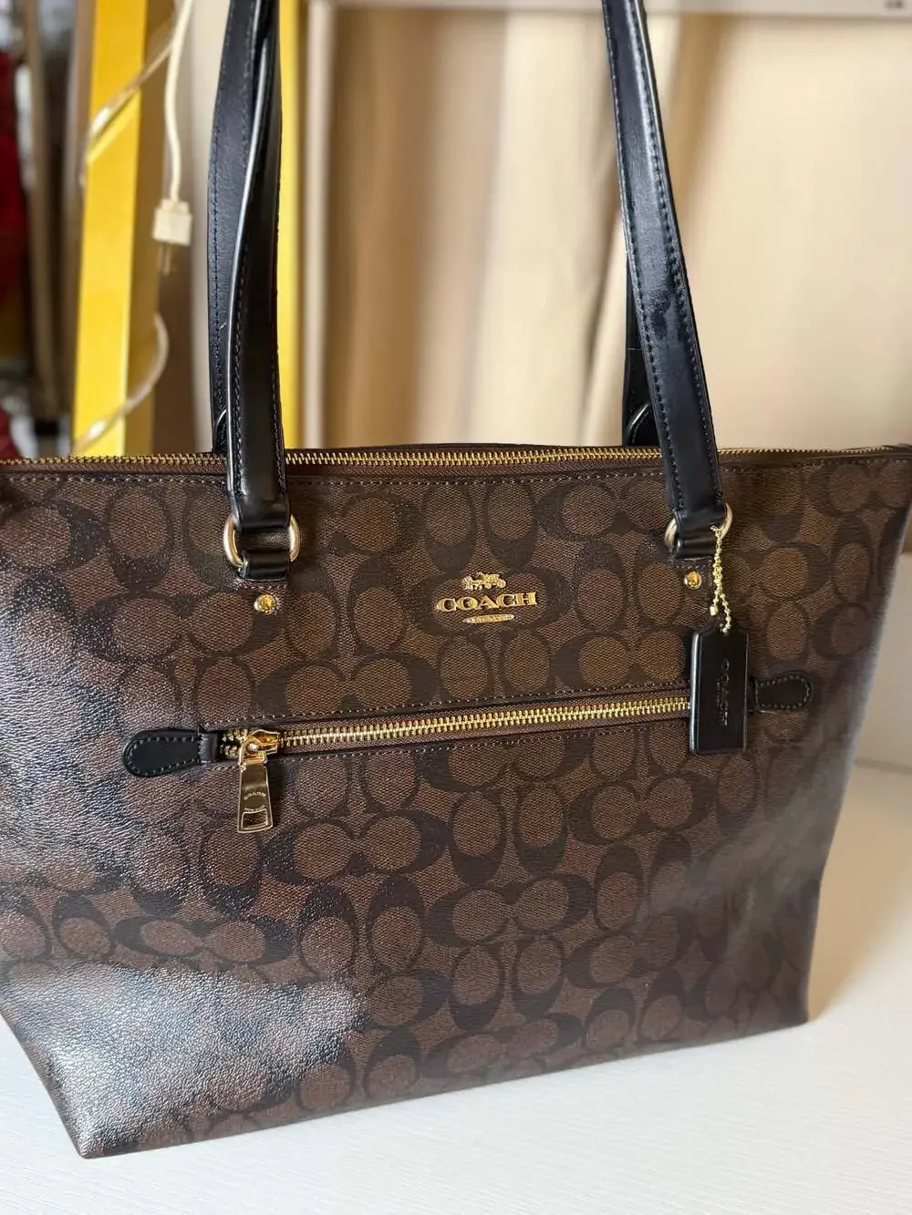 Coach Signature Gallery Tote Brown Black Canvas Leather Shoulder Bag